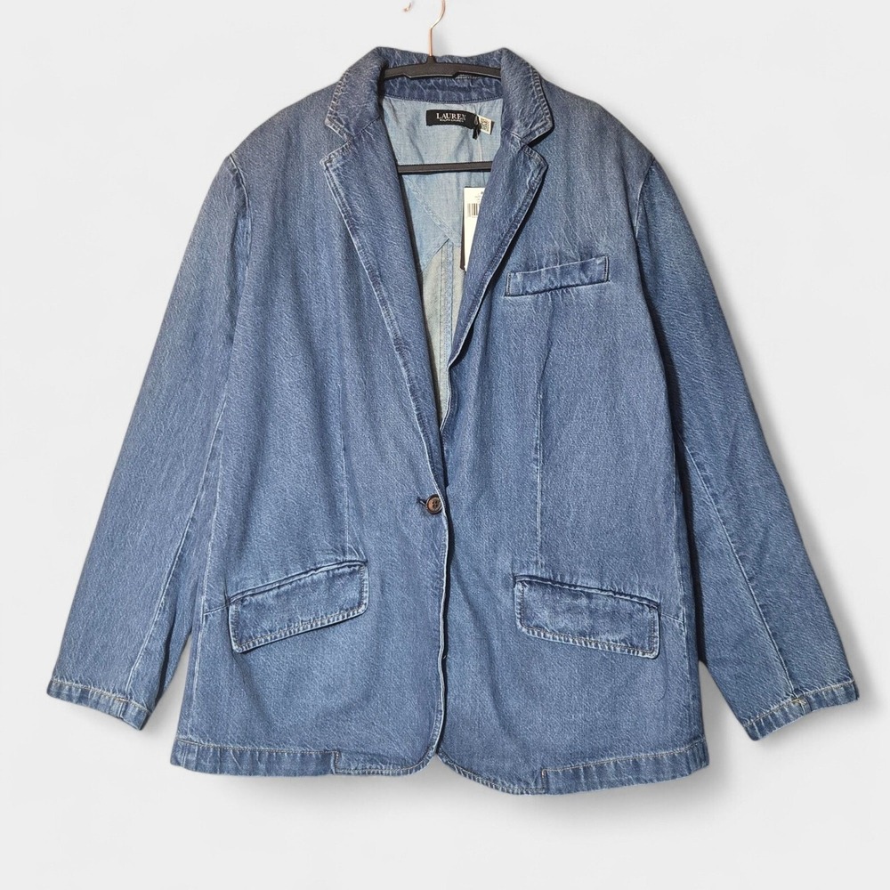 Lauren Ralph Lauren One-Button Chambray Blazer City Blue Wash 18W Y2K Office NWT